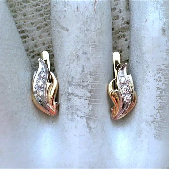 Russian Solid 14K 585 Yellow White Gold Diamond Cluster Leaf Pierced EARRINGS